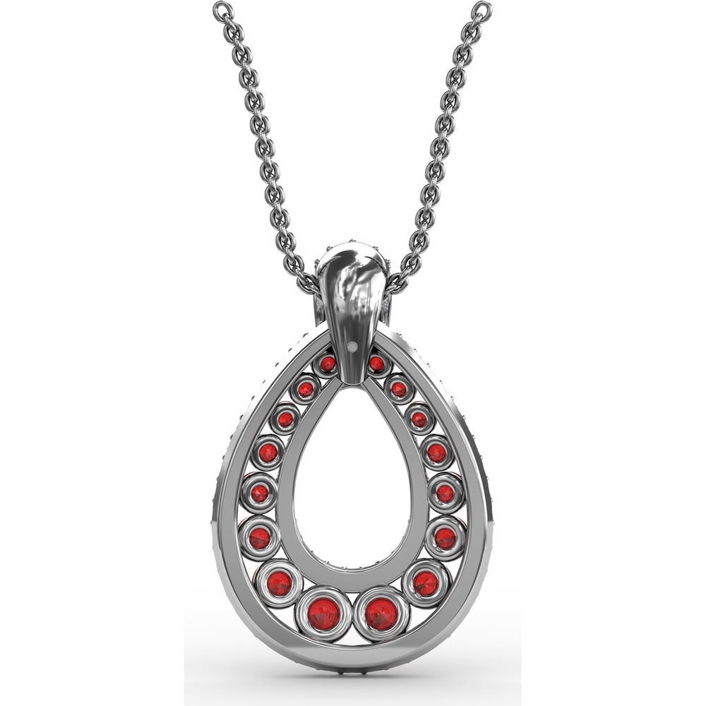 Openwork Teardrop Pendant with Pavé Diamonds and Prong-Set Round Rubies by Fana - 2.24 Carat Total Gemstone Weight