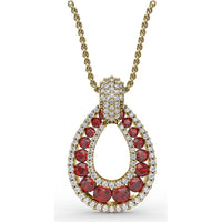 Openwork Teardrop Pendant with Pavé Diamonds and Prong-Set Round Rubies by Fana - 2.24 Carat Total Gemstone Weight