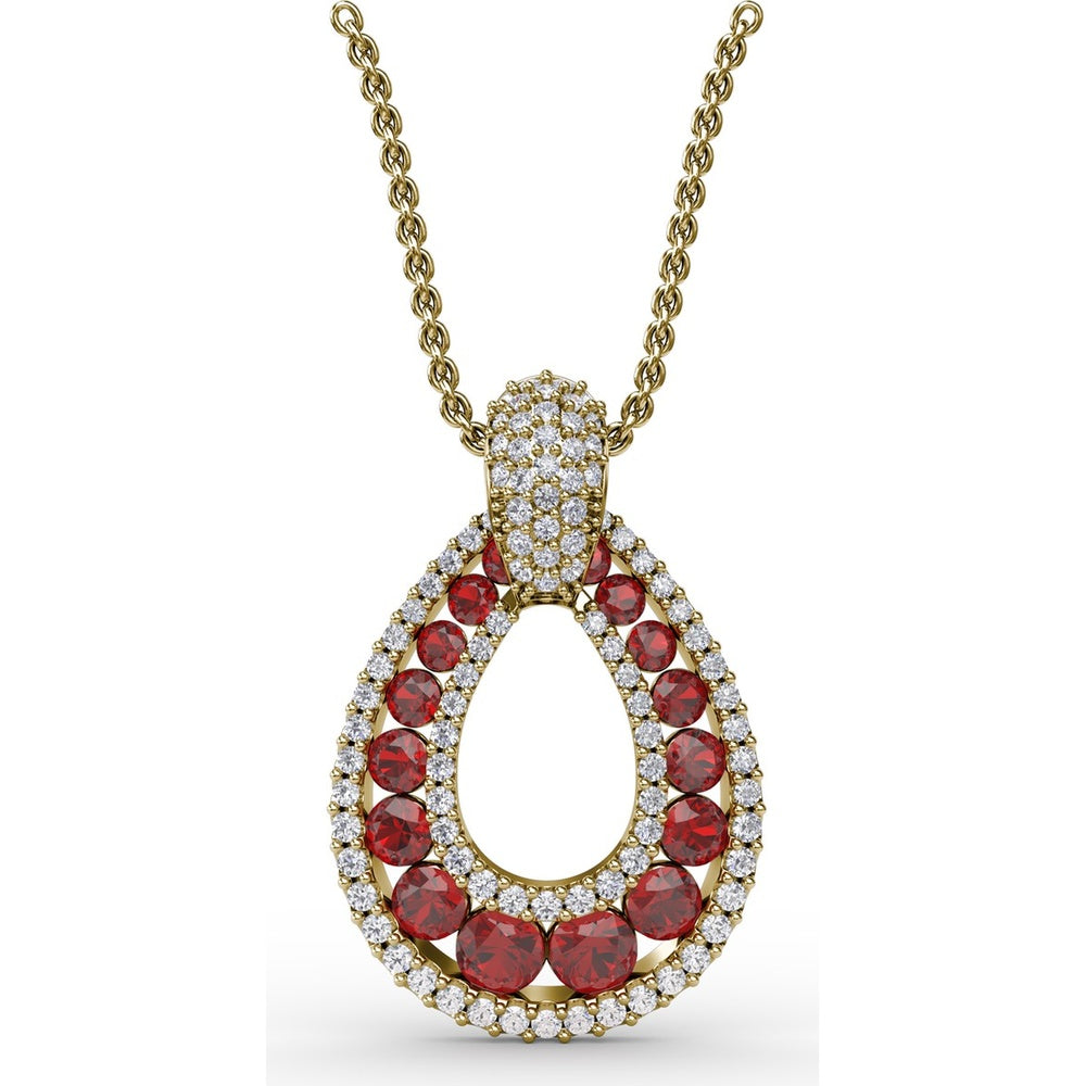 Openwork Teardrop Pendant with Pavé Diamonds and Prong-Set Round Rubies by Fana - 2.24 Carat Total Gemstone Weight