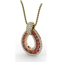 Openwork Teardrop Pendant with Pavé Diamonds and Prong-Set Round Rubies by Fana - 2.24 Carat Total Gemstone Weight