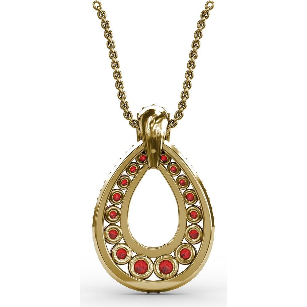Openwork Teardrop Pendant with Pavé Diamonds and Prong-Set Round Rubies by Fana - 2.24 Carat Total Gemstone Weight