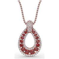 Openwork Teardrop Pendant with Pavé Diamonds and Prong-Set Round Rubies by Fana - 2.24 Carat Total Gemstone Weight