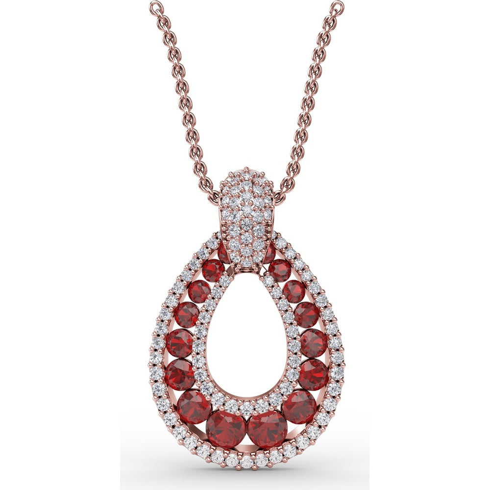 Openwork Teardrop Pendant with Pavé Diamonds and Prong-Set Round Rubies by Fana - 2.24 Carat Total Gemstone Weight
