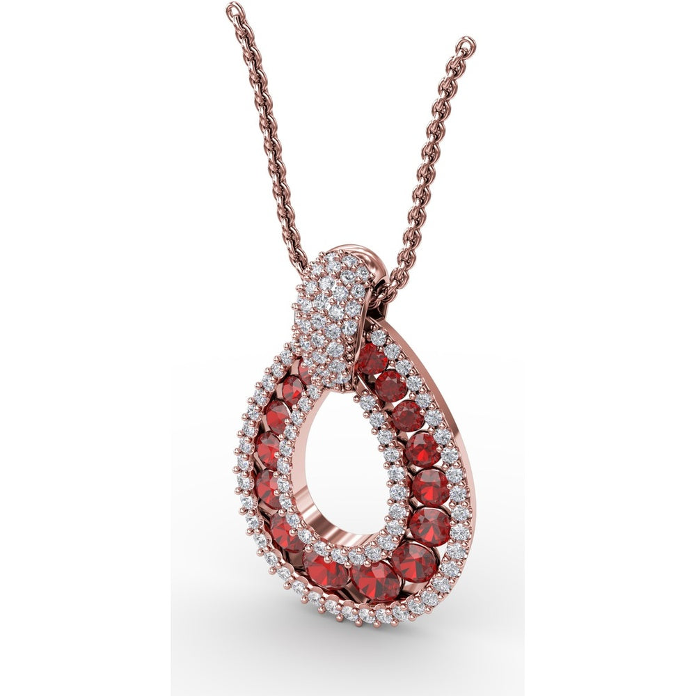 Openwork Teardrop Pendant with Pavé Diamonds and Prong-Set Round Rubies by Fana - 2.24 Carat Total Gemstone Weight