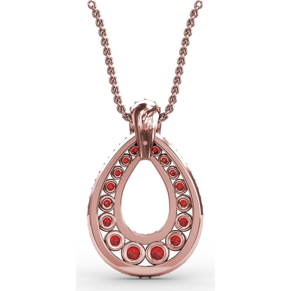 Openwork Teardrop Pendant with Pavé Diamonds and Prong-Set Round Rubies by Fana - 2.24 Carat Total Gemstone Weight