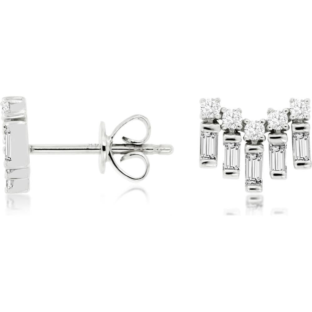 Opulent 14K White Gold Diamond Earrings - Dazzling 0.16 Carat Round Cut with Baguette Accents