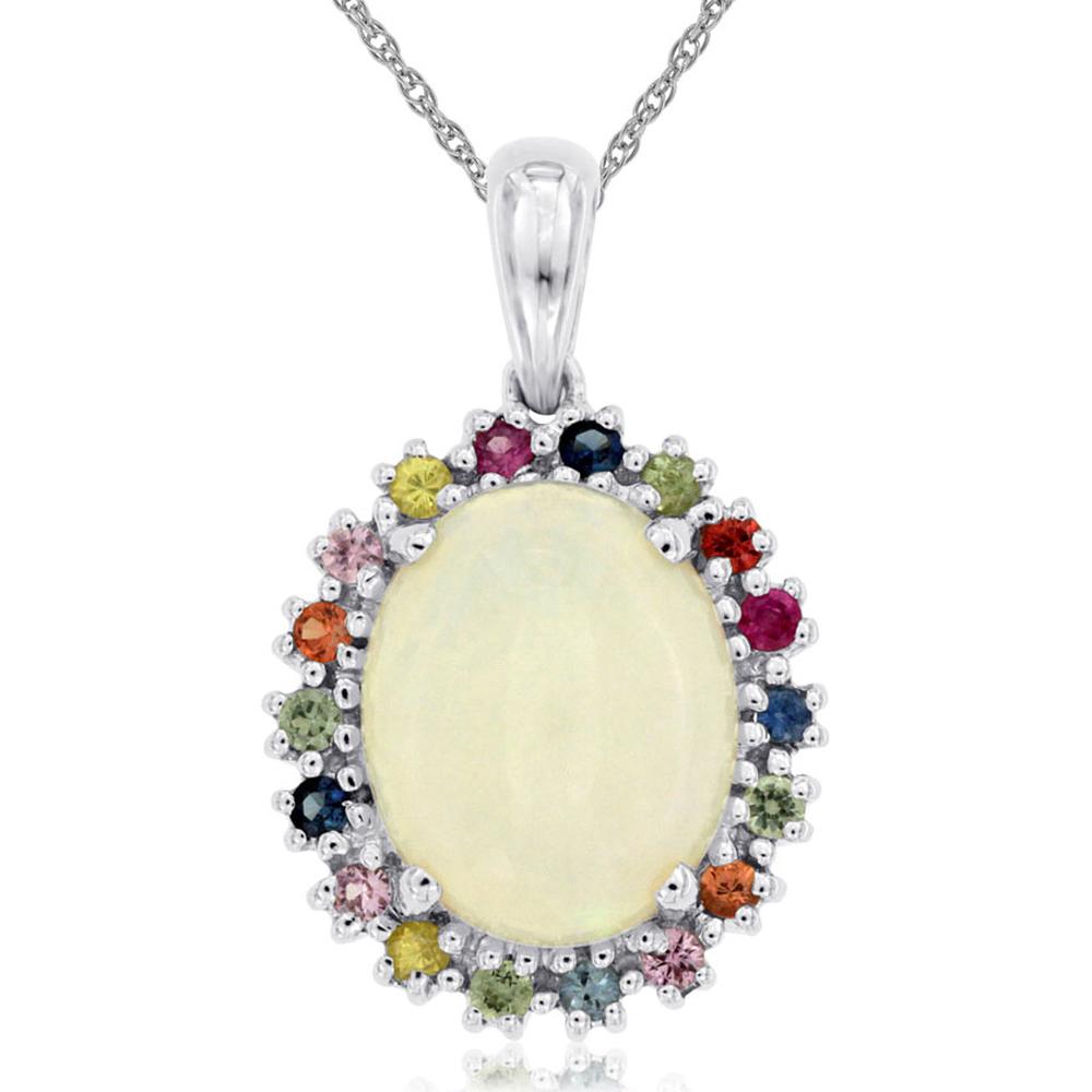 Opulent 14K White Gold Opal and Multi-Sapphire Pendant - Exquisite Elegance