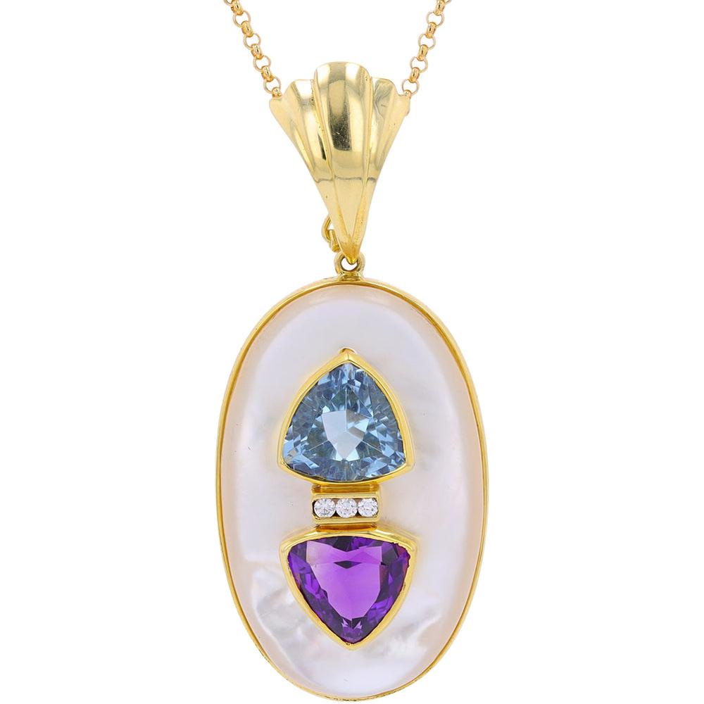 Opulent 18K Yellow Gold Pendant with Mother of Pearl, Blue Topaz & Amethyst Stones