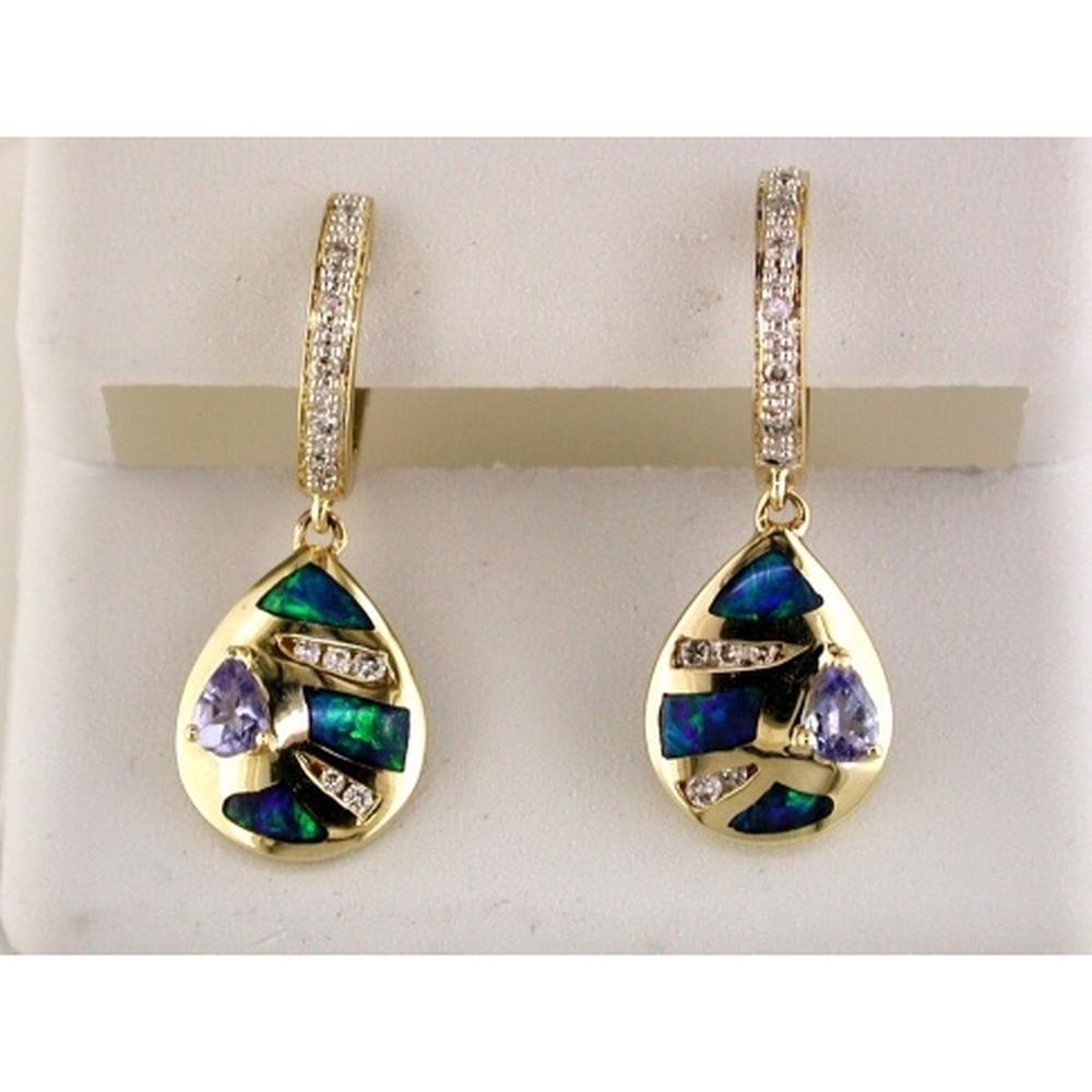 Opulent Tanzanite and Opal Diamond Drop Earrings in 14K Yellow Gold
