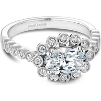 Oval Cut Diamond Engagement Ring with Floral Milgrain Halo and Bezel Set Band in White Gold by Noam Carver<em> - Choose Your Center Diamond: 1 to 5 Carats, Sustainable Lab-Grown or Natural Earth-Mined</em>
