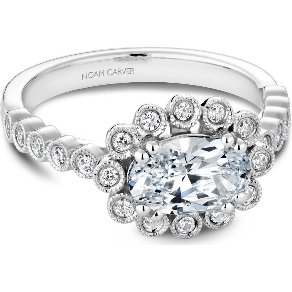 Oval Cut Diamond Engagement Ring with Floral Milgrain Halo and Bezel Set Band in White Gold by Noam Carver<em> - Choose Your Center Diamond: 1 to 5 Carats, Sustainable Lab-Grown or Natural Earth-Mined</em>