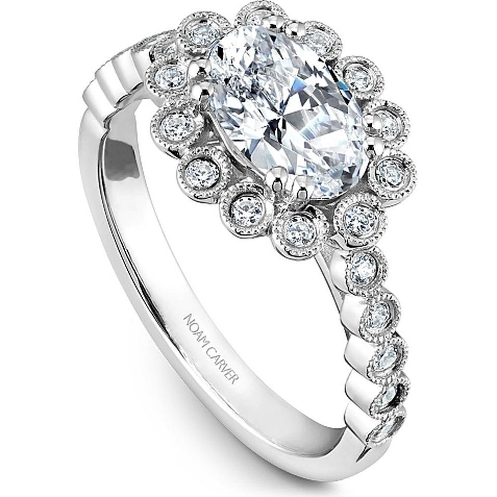 Oval Cut Diamond Engagement Ring with Floral Milgrain Halo and Bezel Set Band in White Gold by Noam Carver<em> - Choose Your Center Diamond: 1 to 5 Carats, Sustainable Lab-Grown or Natural Earth-Mined</em>
