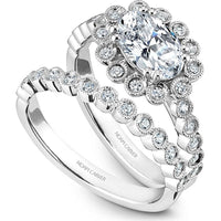 Oval Cut Diamond Engagement Ring with Floral Milgrain Halo and Bezel Set Band in White Gold by Noam Carver<em> - Choose Your Center Diamond: 1 to 5 Carats, Sustainable Lab-Grown or Natural Earth-Mined</em>