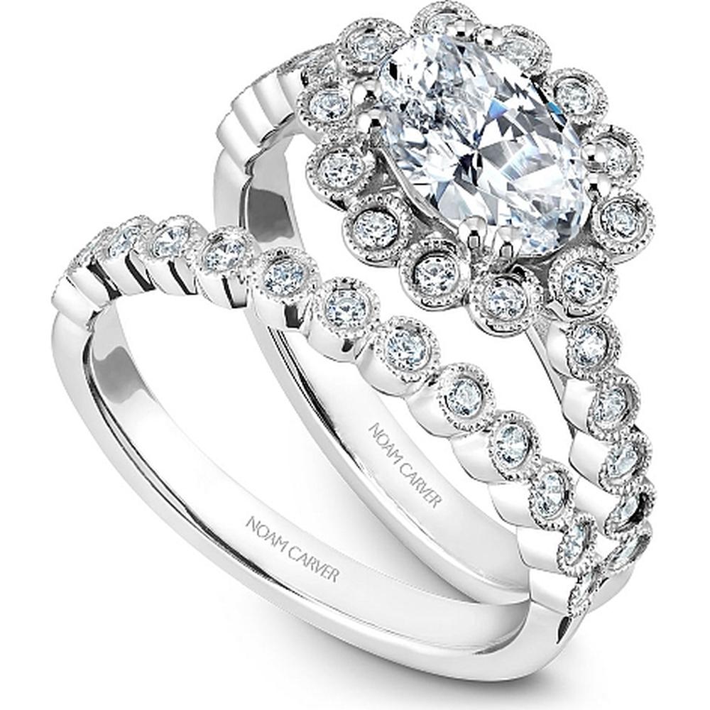 Oval Cut Diamond Engagement Ring with Floral Milgrain Halo and Bezel Set Band in White Gold by Noam Carver<em> - Choose Your Center Diamond: 1 to 5 Carats, Sustainable Lab-Grown or Natural Earth-Mined</em>