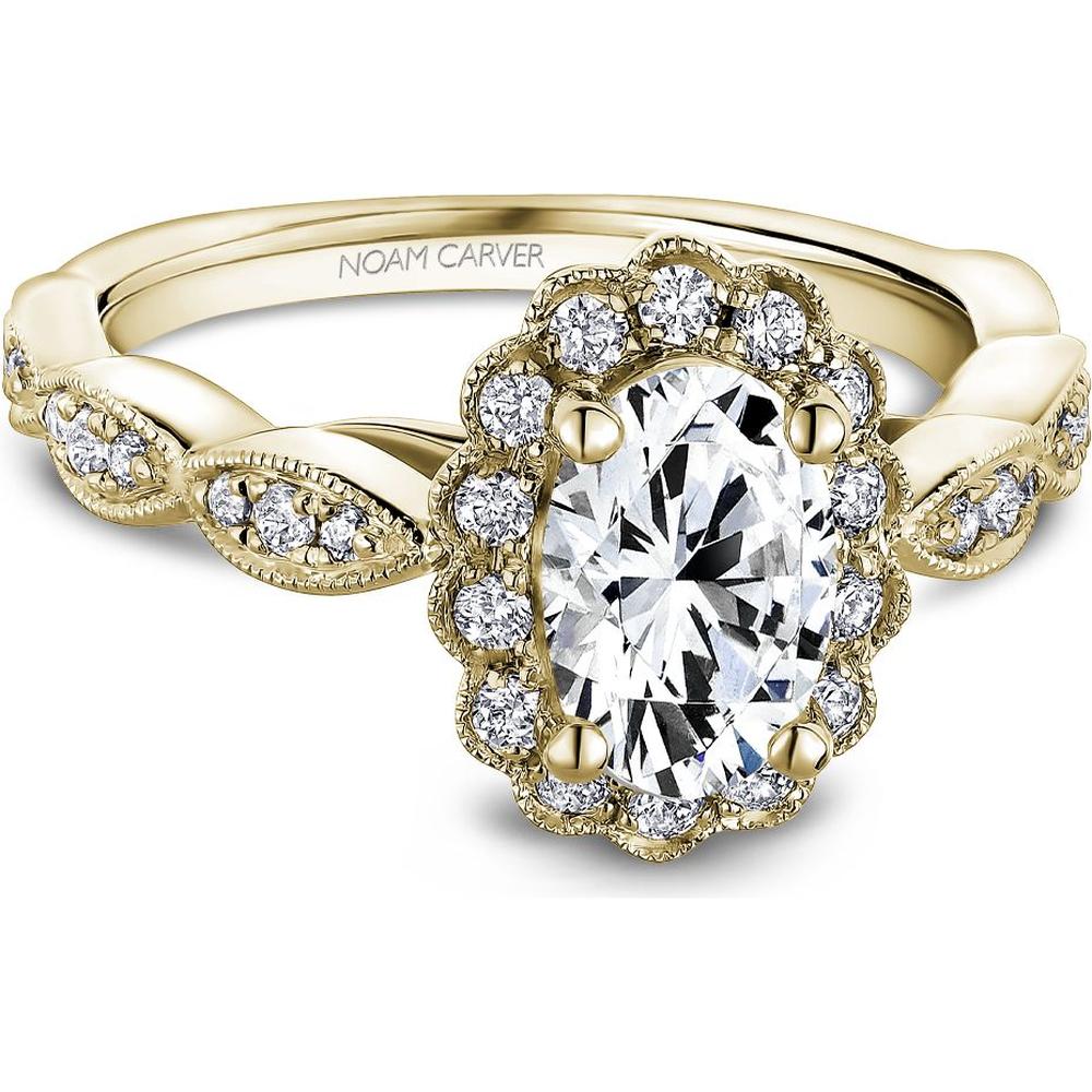 Oval Cut Diamond Engagement Ring with Halo and Milgrain Pavé Band in Yellow Gold by Noam Carver<em> - Choose Your Center Diamond: 1 to 5 Carats, Sustainable Lab-Grown or Natural Earth-Mined</em>