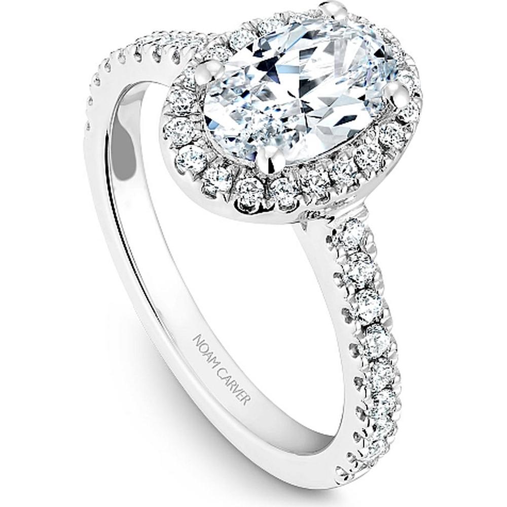 Oval Cut Diamond Engagement Ring with Halo and Pav&eacute; Band in White Gold by Noam Carver<em> - Choose Your Center Diamond: 1 to 5 Carats, Sustainable Lab-Grown or Natural Earth-Mined</em>