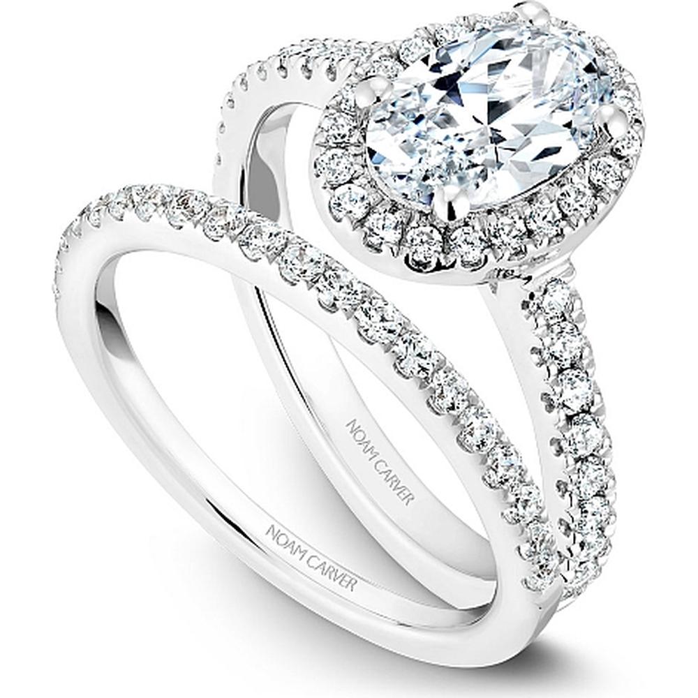 Oval Cut Diamond Engagement Ring with Halo and Pav&eacute; Band in White Gold by Noam Carver<em> - Choose Your Center Diamond: 1 to 5 Carats, Sustainable Lab-Grown or Natural Earth-Mined</em>