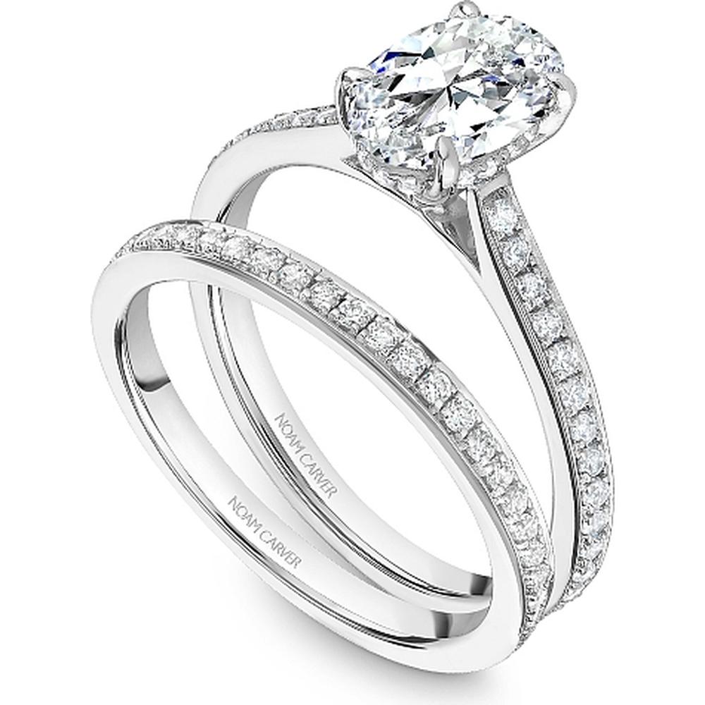 Oval Cut Diamond Engagement Ring with Halo and Pavé Band in White Gold by Noam Carver<em> - Choose Your Center Diamond: 1 to 5 Carats, Sustainable Lab-Grown or Natural Earth-Mined</em>