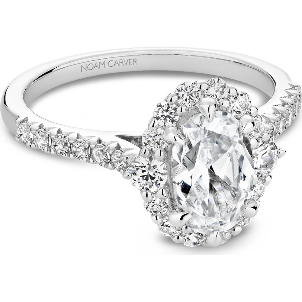 Oval Cut Diamond Engagement Ring with Halo and Pavé Band in White Gold by Noam Carver<em> - Choose Your Center Diamond: 1 to 5 Carats, Sustainable Lab-Grown or Natural Earth-Mined</em>