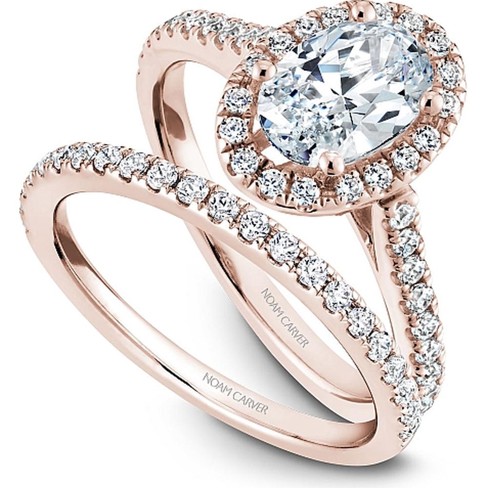 Oval Cut Diamond Engagement Ring with Halo and Pavé-Set Band in Rose Gold by Noam Carver<em> - Choose Your Center Diamond: 1 to 5 Carats, Sustainable Lab-Grown or Natural Earth-Mined</em>