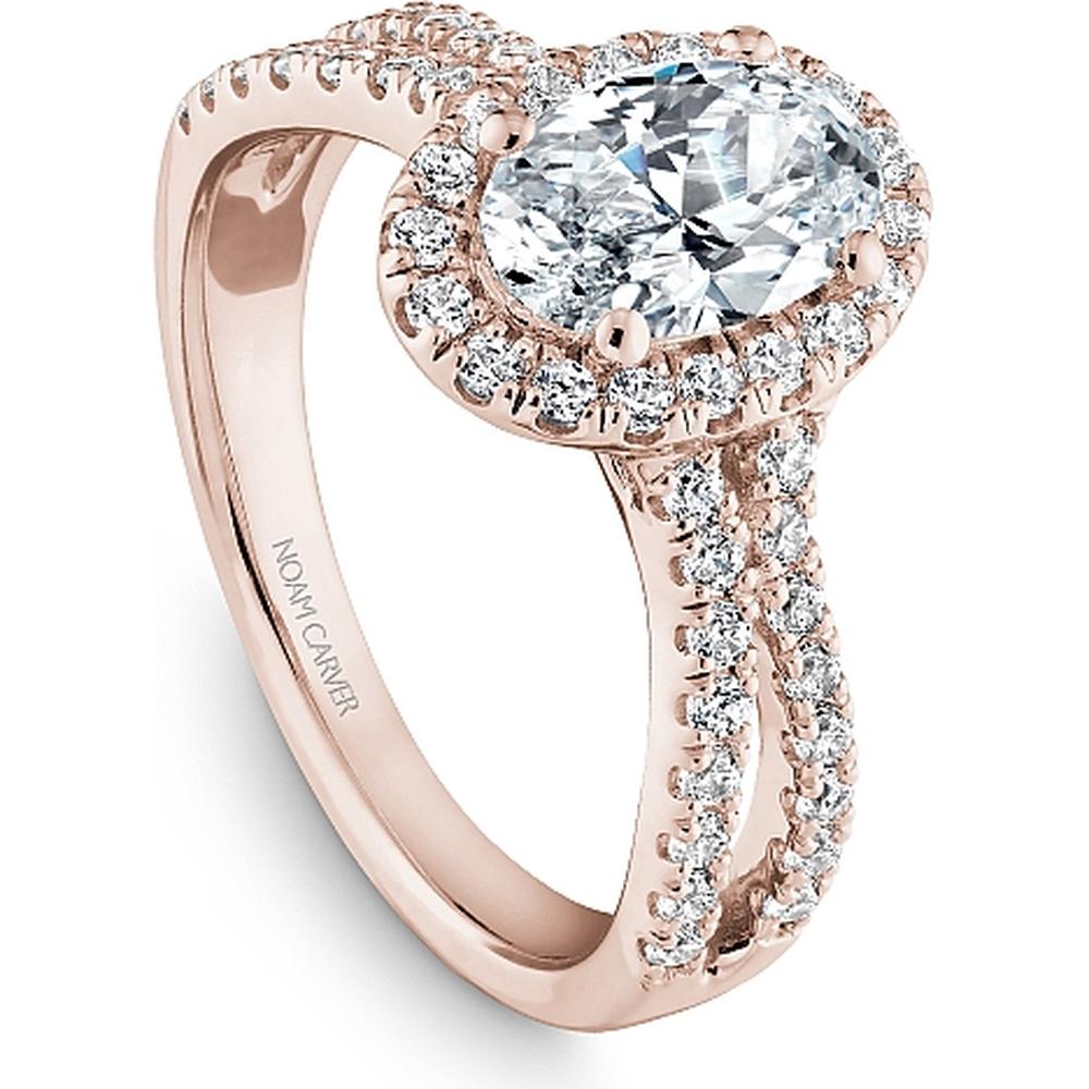 Oval Cut Diamond Engagement Ring with Halo and Split Shank Pavé Band in Rose Gold by Noam Carver<em> - Choose Your Center Diamond: 1 to 5 Carats, Sustainable Lab-Grown or Natural Earth-Mined</em>