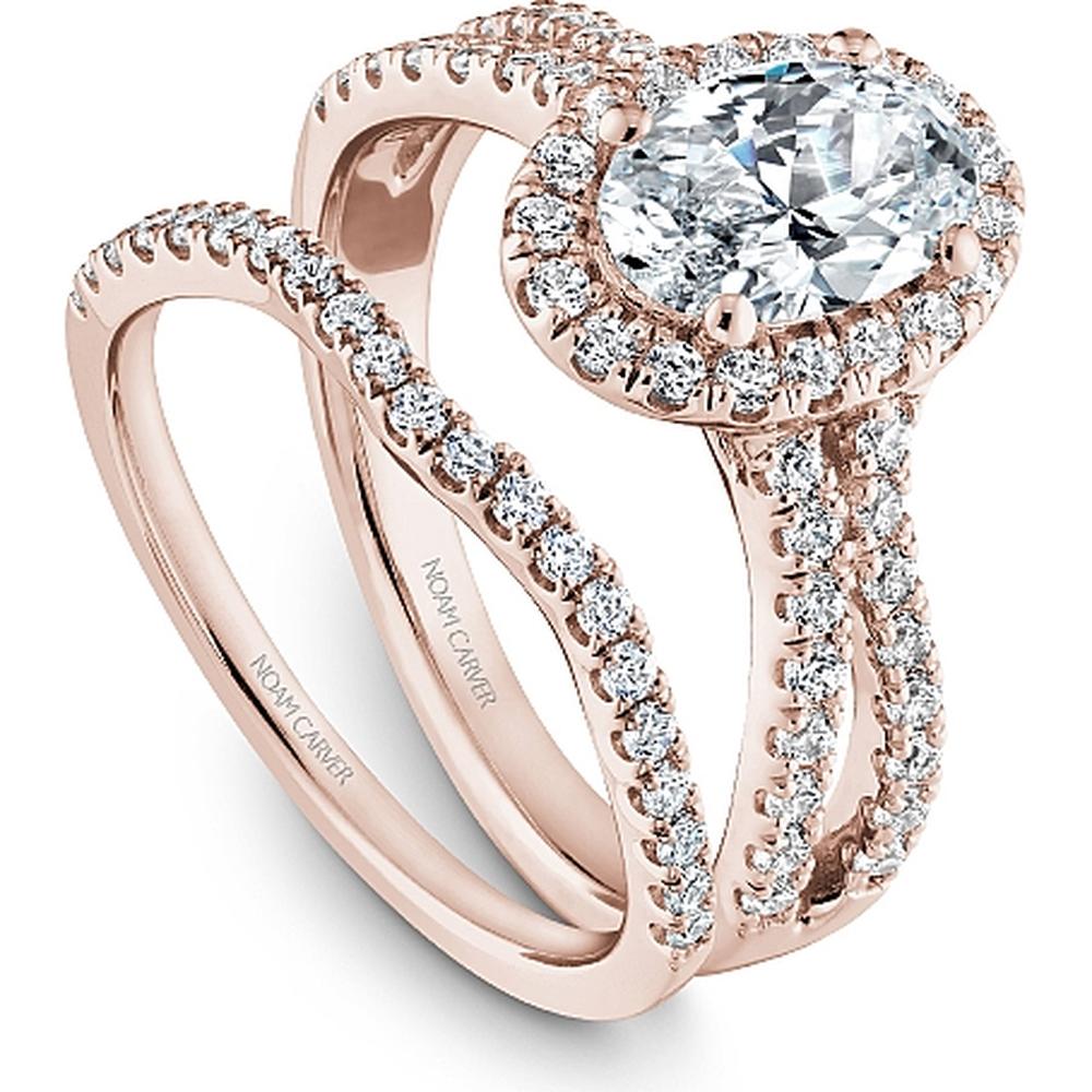 Oval Cut Diamond Engagement Ring with Halo and Split Shank Pavé Band in Rose Gold by Noam Carver<em> - Choose Your Center Diamond: 1 to 5 Carats, Sustainable Lab-Grown or Natural Earth-Mined</em>