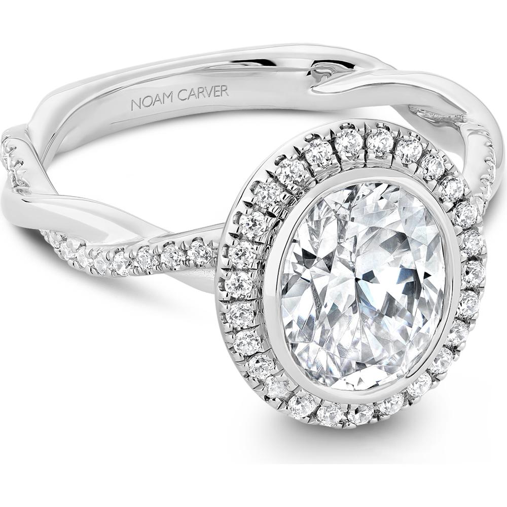 Oval Cut Diamond Engagement Ring with Halo, Pavé Band, and Twist Design in White Gold by Noam Carver<em> - Choose Your Center Diamond: 1 to 5 Carats, Sustainable Lab-Grown or Natural Earth-Mined</em>
