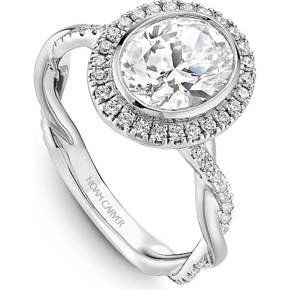 Oval Cut Diamond Engagement Ring with Halo, Pavé Band, and Twist Design in White Gold by Noam Carver<em> - Choose Your Center Diamond: 1 to 5 Carats, Sustainable Lab-Grown or Natural Earth-Mined</em>