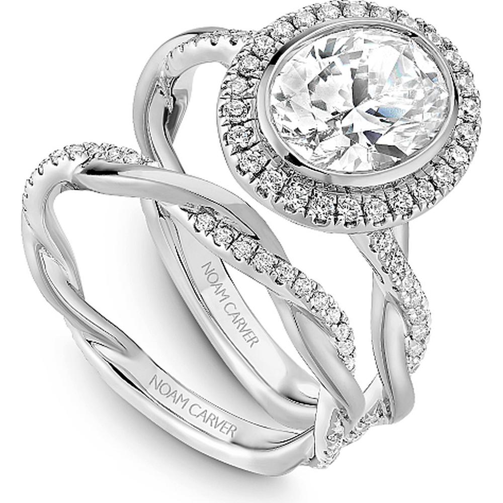 Oval Cut Diamond Engagement Ring with Halo, Pavé Band, and Twist Design in White Gold by Noam Carver<em> - Choose Your Center Diamond: 1 to 5 Carats, Sustainable Lab-Grown or Natural Earth-Mined</em>