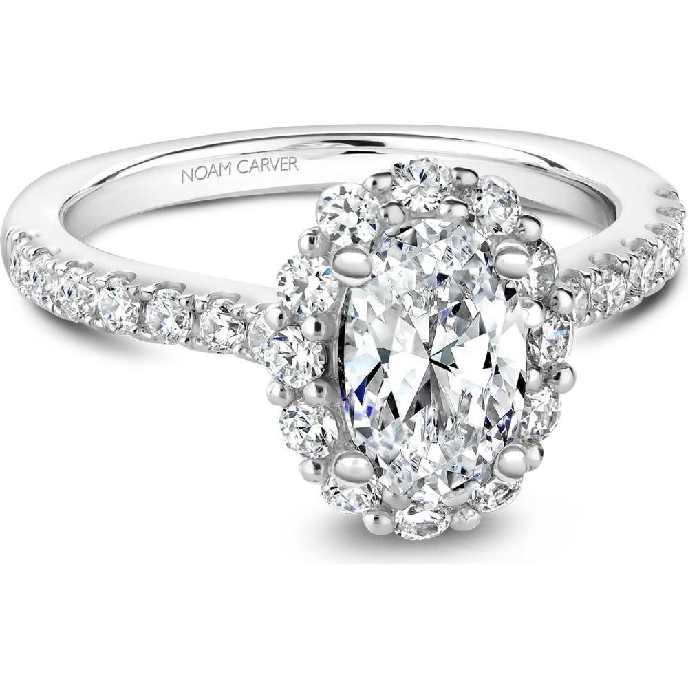 Oval Cut Diamond Engagement Ring with Halo Setting and Diamond-Studded Band in White Gold by Noam Carver<em> - Choose Your Center Diamond: 1 to 5 Carats, Sustainable Lab-Grown or Natural Earth-Mined</em>