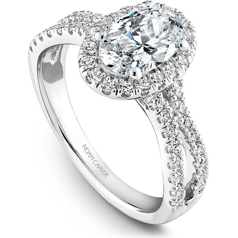 Oval Cut Diamond Engagement Ring with Pavé Halo and Split Shank Band in White Gold by Noam Carver<em> - Choose Your Center Diamond: 1 to 5 Carats, Sustainable Lab-Grown or Natural Earth-Mined</em>