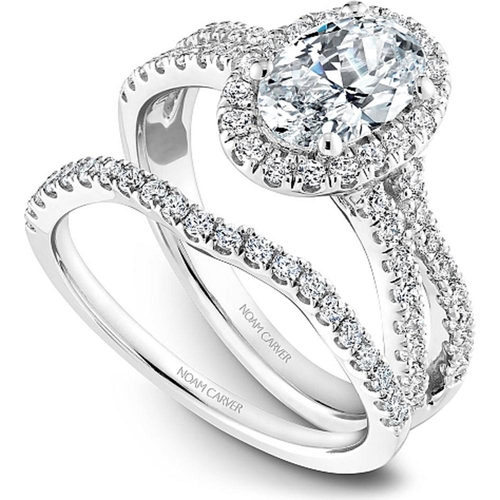 Oval Cut Diamond Engagement Ring with Pavé Halo and Split Shank Band in White Gold by Noam Carver<em> - Choose Your Center Diamond: 1 to 5 Carats, Sustainable Lab-Grown or Natural Earth-Mined</em>