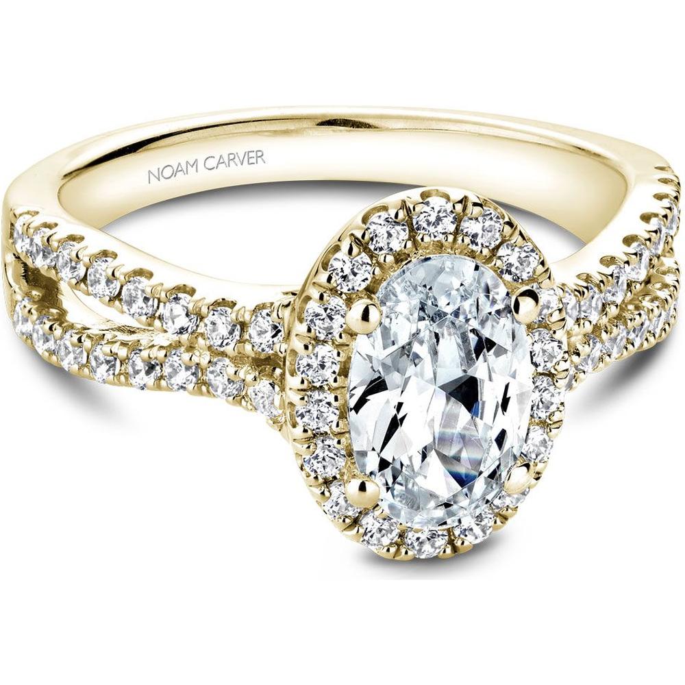 Oval Cut Diamond Engagement Ring with Pavé Halo and Split Shank in Yellow Gold by Noam Carver<em> - Choose Your Center Diamond: 1 to 5 Carats, Sustainable Lab-Grown or Natural Earth-Mined</em>