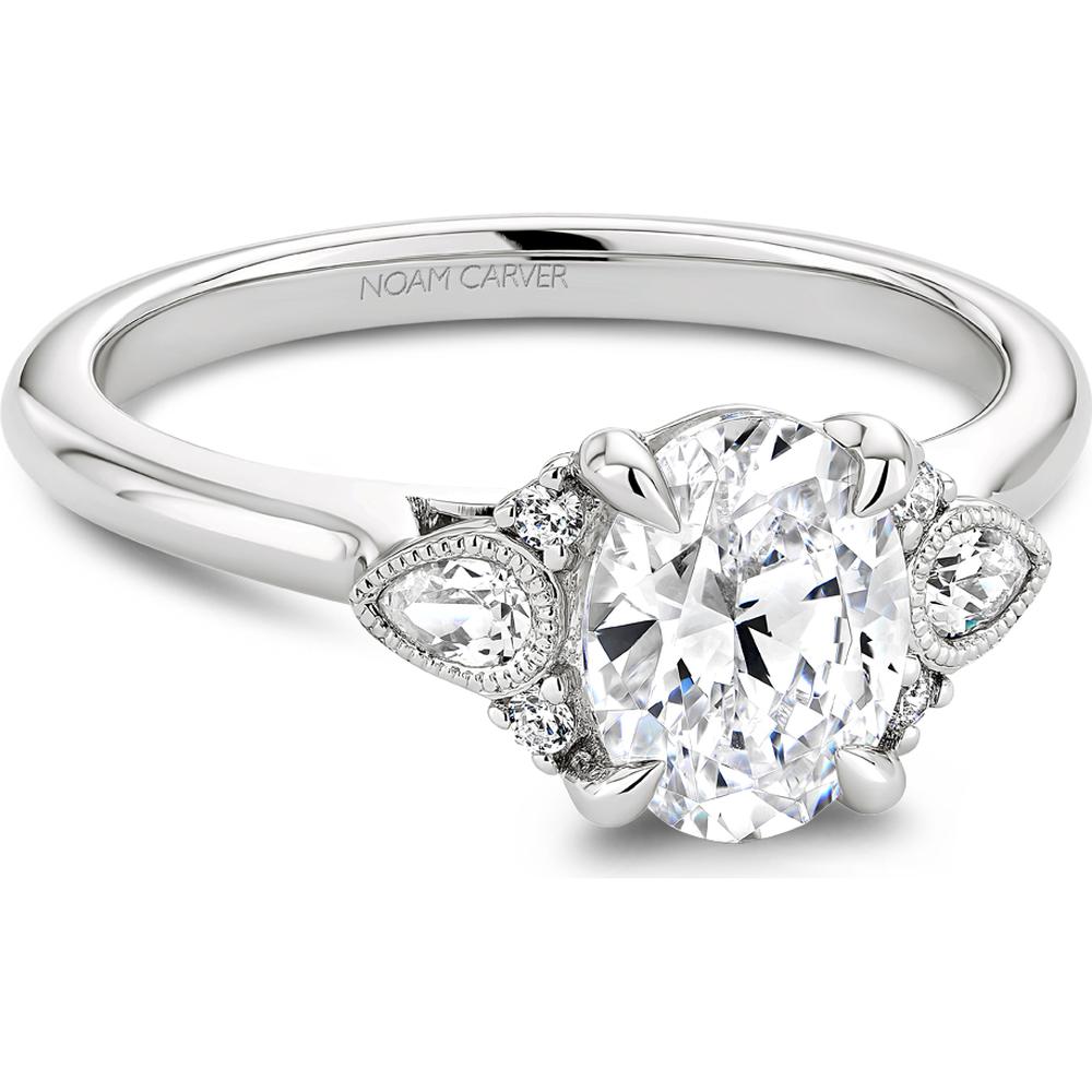 Oval Cut Diamond Engagement Ring with Pear-Shaped Side Stones and Milgrain Detailing in White Gold by Noam Carver<em> - Choose Your Center Diamond: 1 to 5 Carats, Sustainable Lab-Grown or Natural Earth-Mined</em>