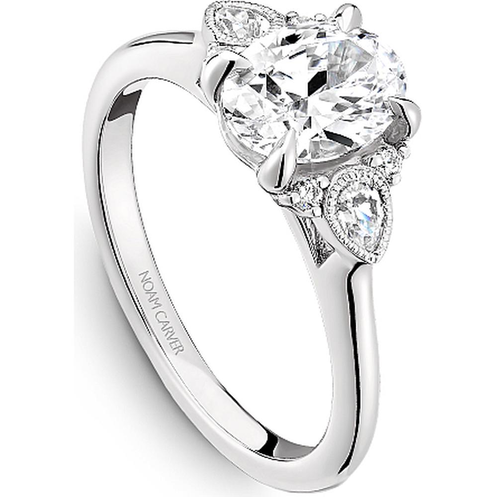 Oval Cut Diamond Engagement Ring with Pear-Shaped Side Stones and Milgrain Detailing in White Gold by Noam Carver<em> - Choose Your Center Diamond: 1 to 5 Carats, Sustainable Lab-Grown or Natural Earth-Mined</em>