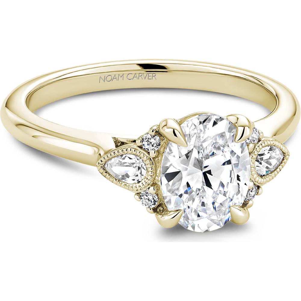 Oval Cut Diamond Engagement Ring with Pear Side Stones and Milgrain Detail in Yellow Gold by Noam Carver<em> - Choose Your Center Diamond: 1 to 5 Carats, Sustainable Lab-Grown or Natural Earth-Mined</em>