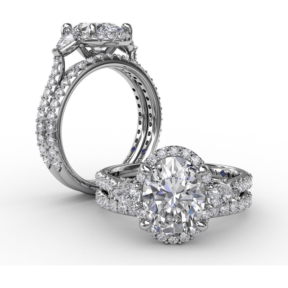 Oval Diamond Halo Engagement Ring Setting with Pear-Shape Side Stones by Fana - 0.72 Carat Total Diamond Weight