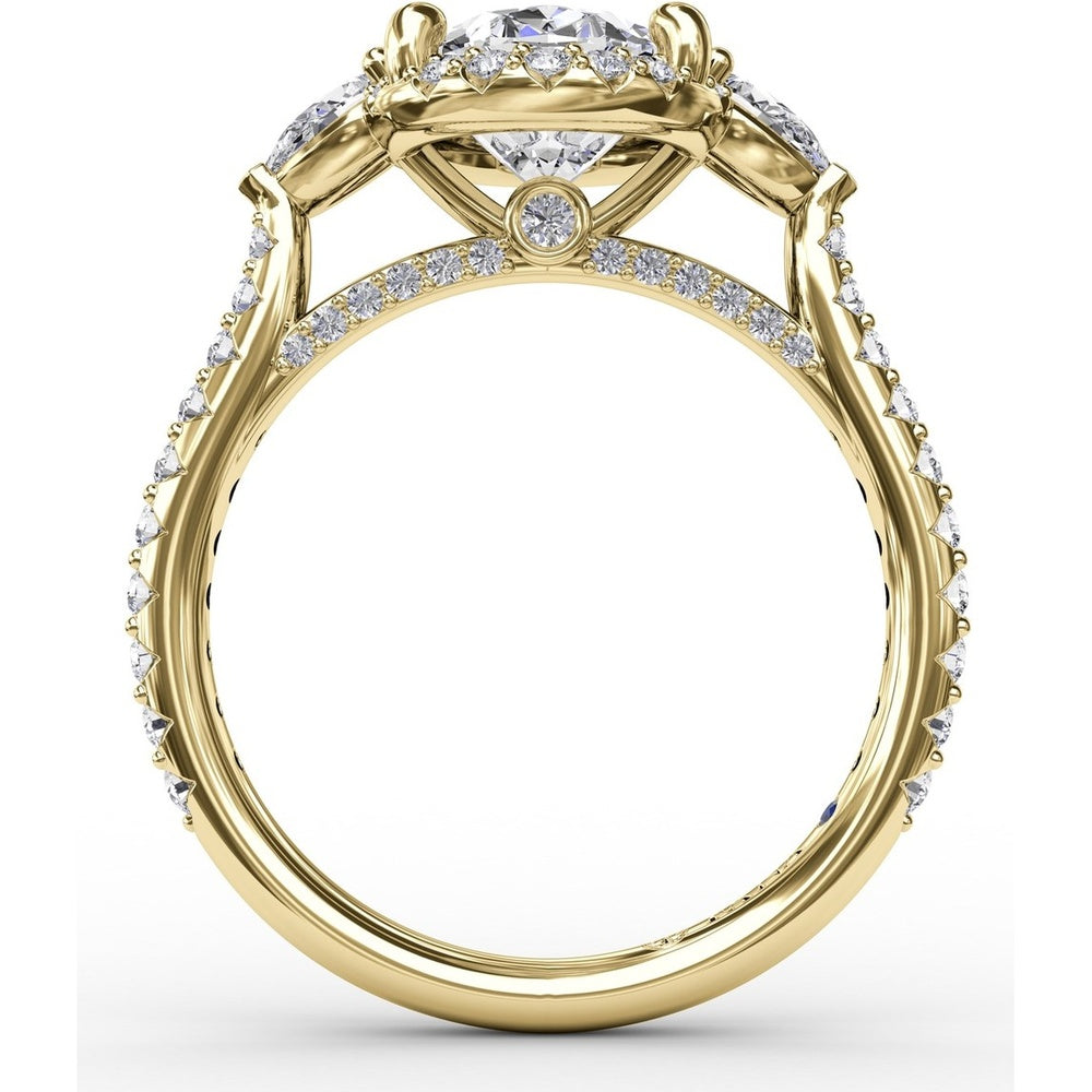 Oval Diamond Halo Engagement Ring Setting with Pear-Shape Side Stones by Fana - 0.72 Carat Total Diamond Weight