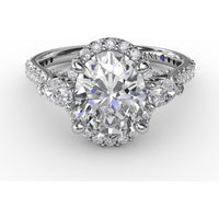 Oval Diamond Halo Engagement Ring Setting with Pear-Shape Side Stones by Fana - 0.72 Carat Total Diamond Weight