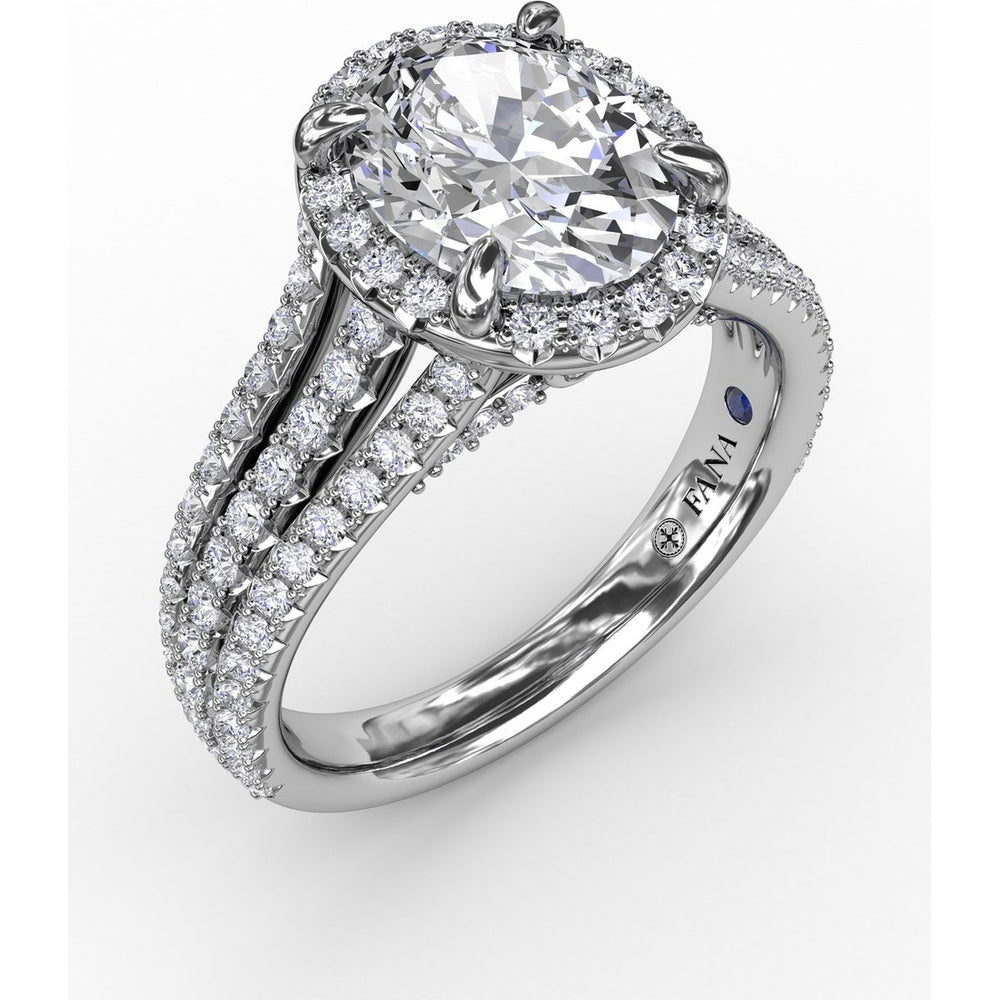 Oval Diamond Halo Engagement Ring Setting with Triple-Row Pavé Band by Fana - 0.81 Carat Total Diamond Weight