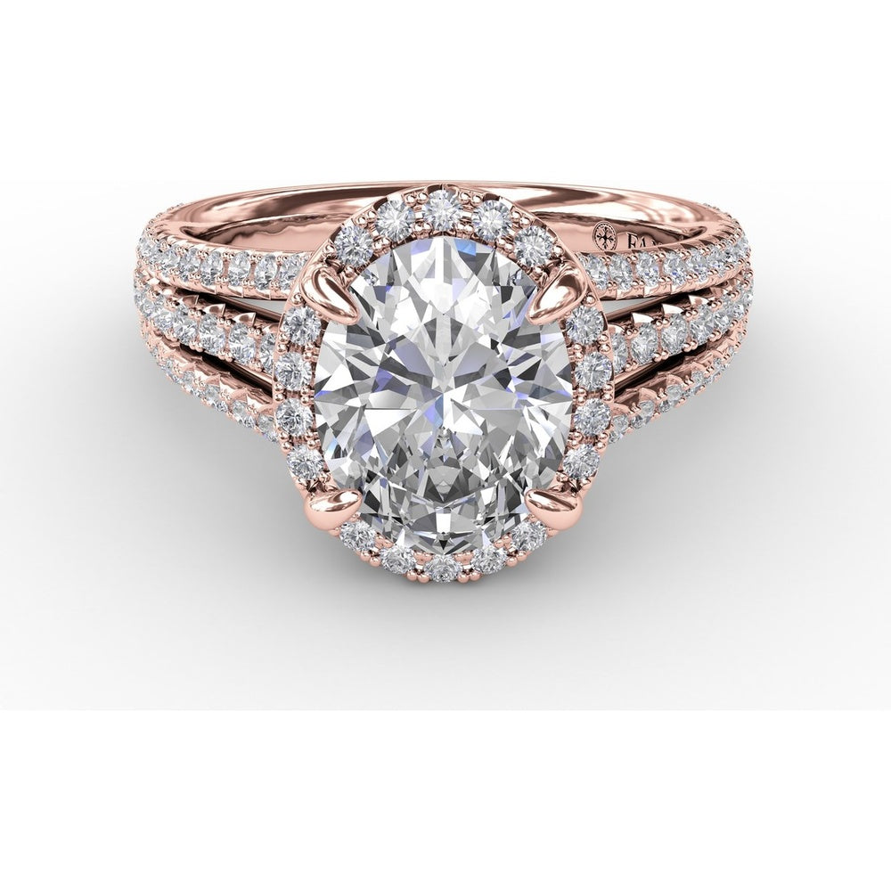 Oval Diamond Halo Engagement Ring Setting with Triple-Row Pavé Band by Fana - 0.81 Carat Total Diamond Weight