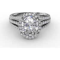 Oval Diamond Halo Engagement Ring Setting with Triple-Row Pavé Band by Fana - 0.81 Carat Total Diamond Weight