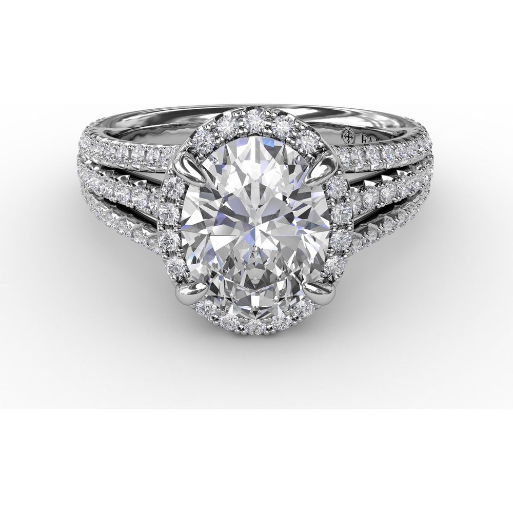 Oval Diamond Halo Engagement Ring Setting with Triple-Row Pavé Band by Fana - 0.81 Carat Total Diamond Weight