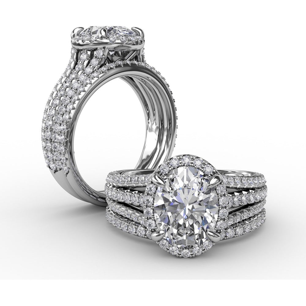 Oval Diamond Halo Engagement Ring Setting with Triple-Row Pavé Band by Fana - 0.81 Carat Total Diamond Weight