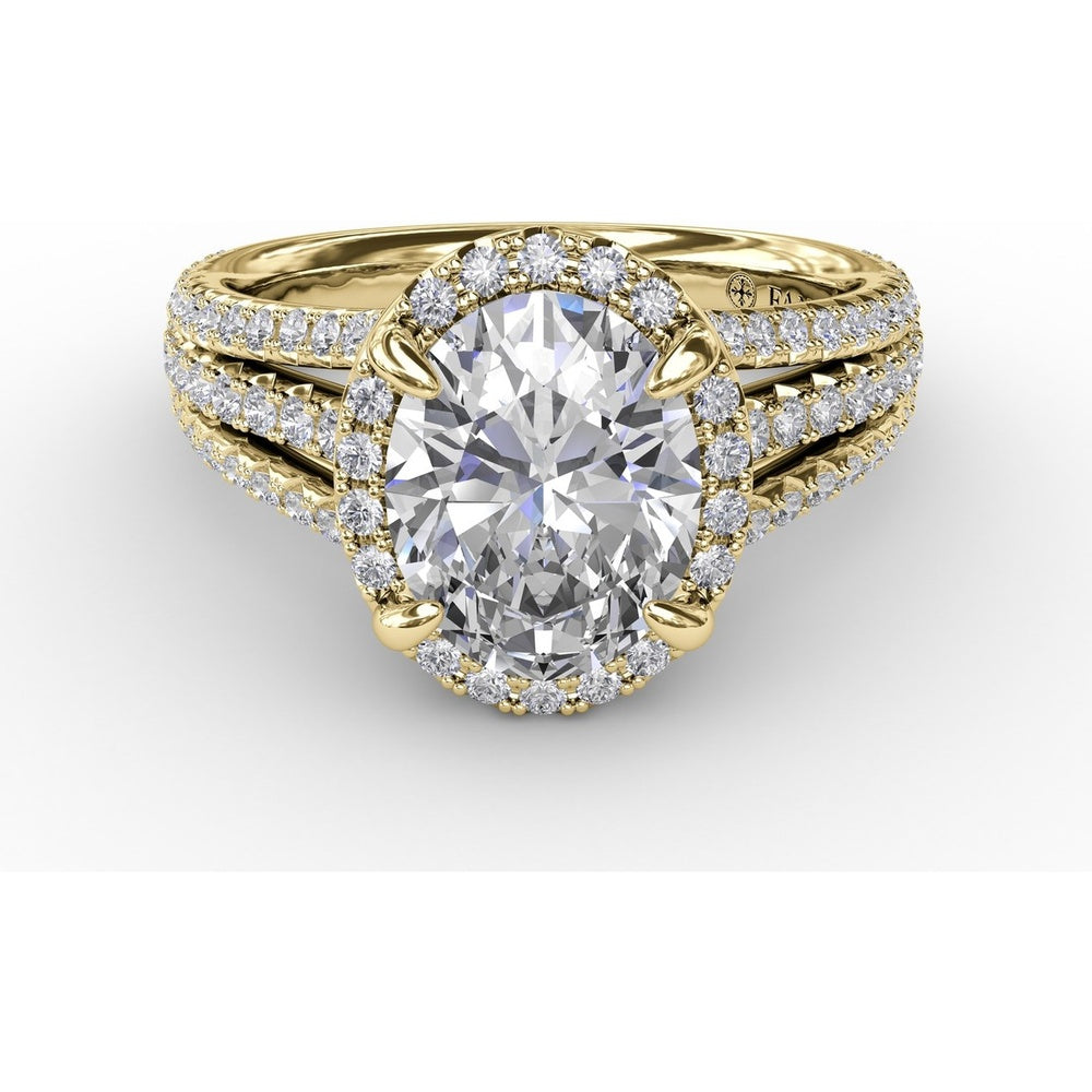 Oval Diamond Halo Engagement Ring Setting with Triple-Row Pavé Band by Fana - 0.81 Carat Total Diamond Weight