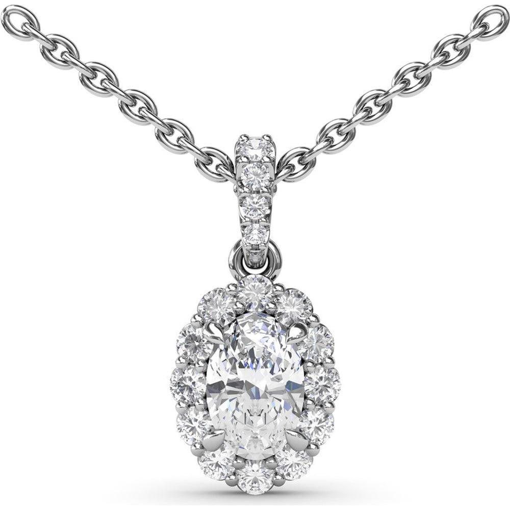 Oval Diamond Halo Pendant Necklace with Pavé Bail by Fana - 0.70 Carat Total Diamond Weight