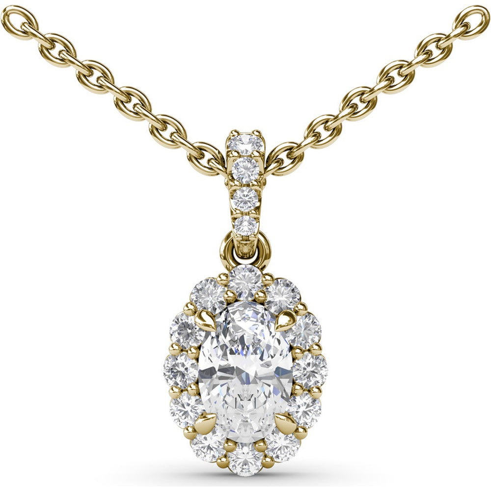 Oval Diamond Halo Pendant Necklace with Pavé Bail by Fana - 0.70 Carat Total Diamond Weight