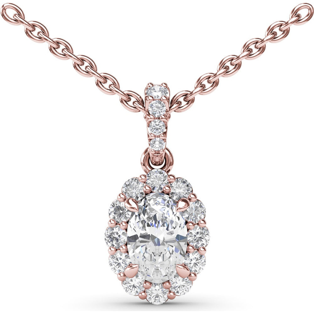 Oval Diamond Halo Pendant Necklace with Pavé Bail by Fana - 0.70 Carat Total Diamond Weight