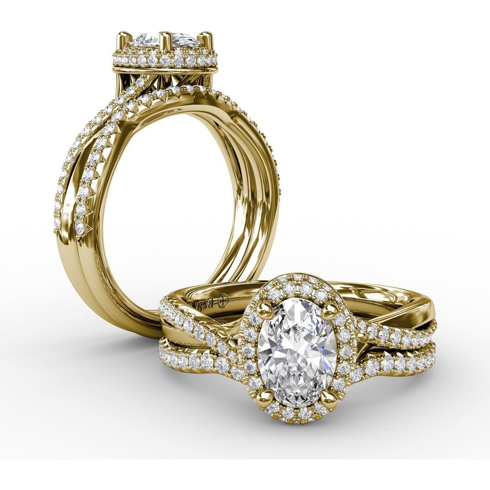 Oval Double Halo Engagement Ring Setting with Pavé Twisted Shank by Fana - 0.83 Carat Total Diamond Weight