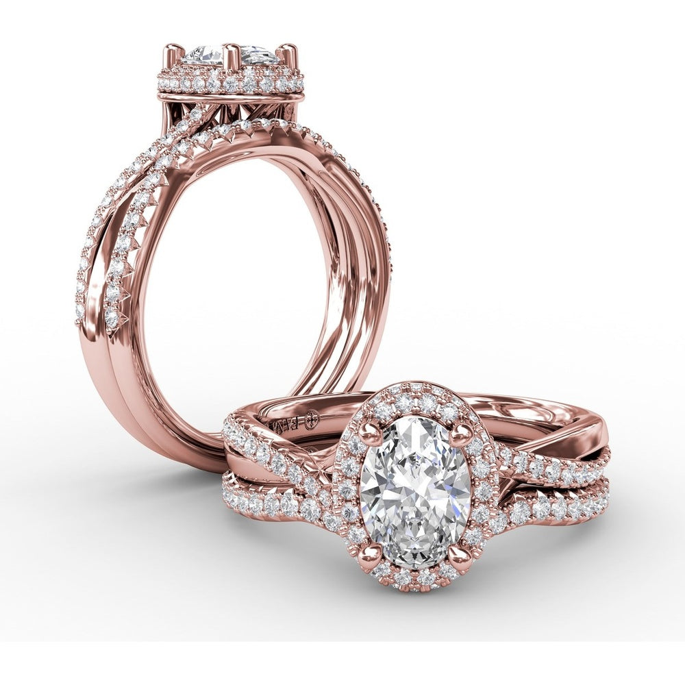 Oval Double Halo Engagement Ring Setting with Pavé Twisted Shank by Fana - 0.83 Carat Total Diamond Weight